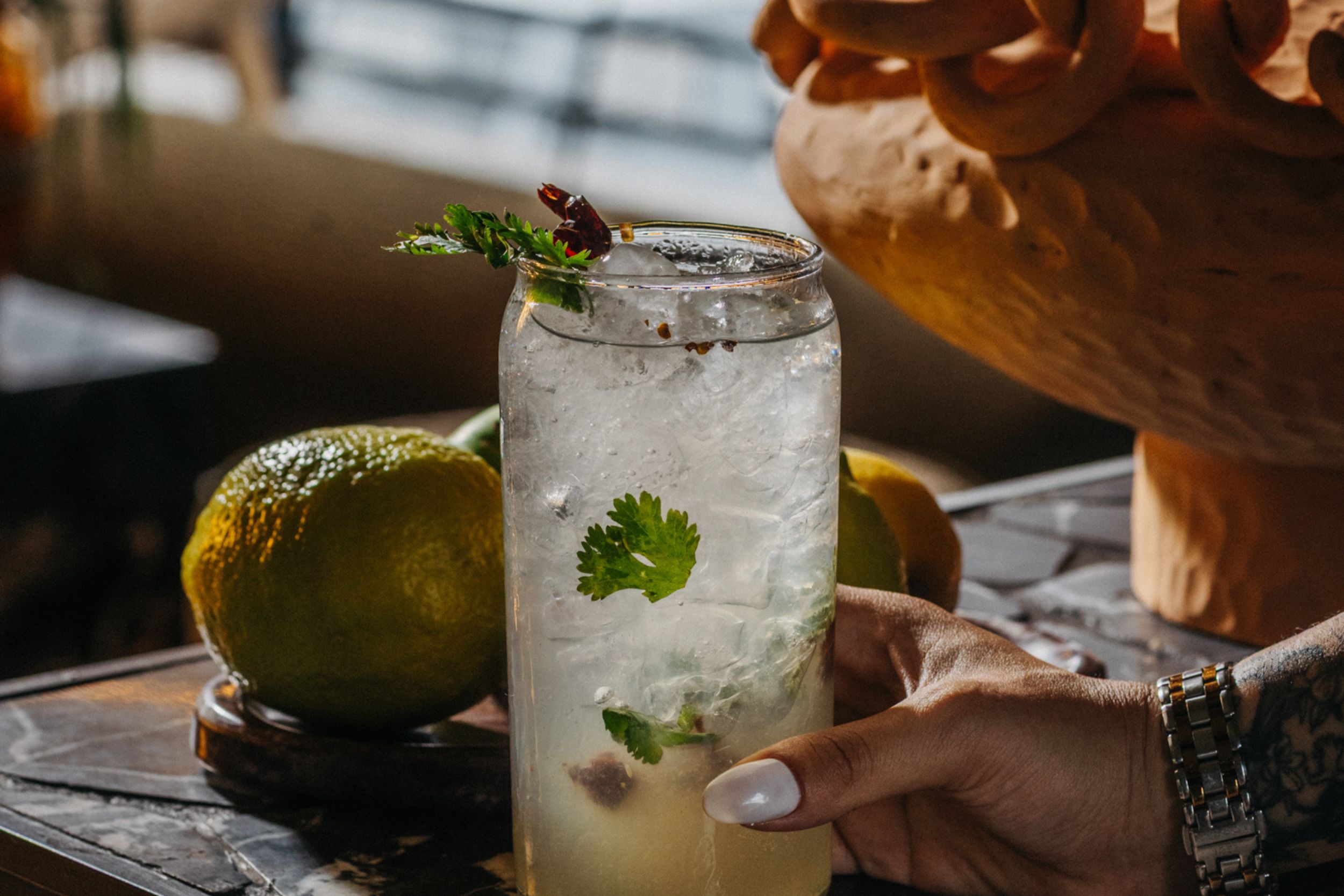 A handcrafted cocktail with citrus garnish and fresh herbs being finished tableside